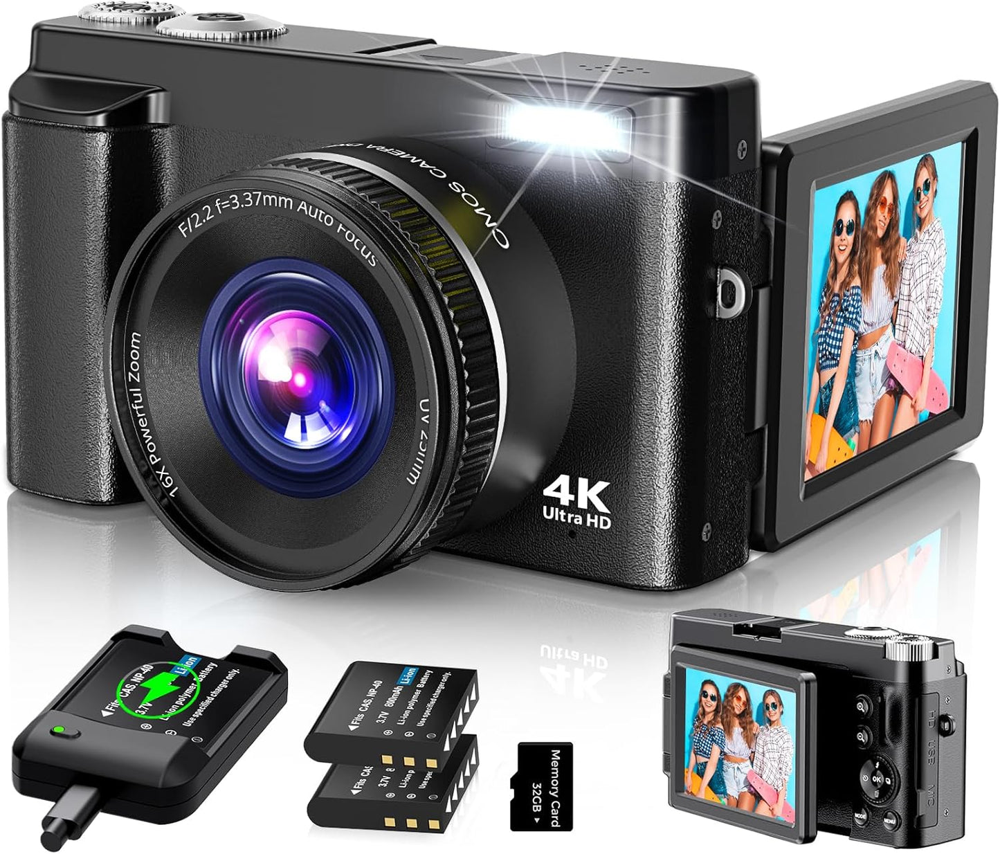 4K Digital Camera for Photography Autofocus, 2024 Latest 48MP Vlogging Camera for Youtube with SD Card, 2 Batteries, 3" 180°Flip Screen Compact Travel Camera for Teens with 16X Zoom, Anti-Shake,Black