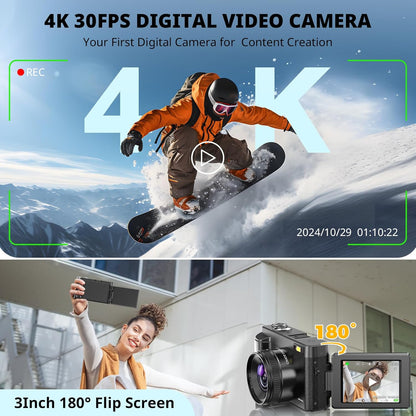 4K Digital Camera for Photography Autofocus, 2024 Latest 48MP Vlogging Camera for Youtube with SD Card, 2 Batteries, 3" 180°Flip Screen Compact Travel Camera for Teens with 16X Zoom, Anti-Shake,Black