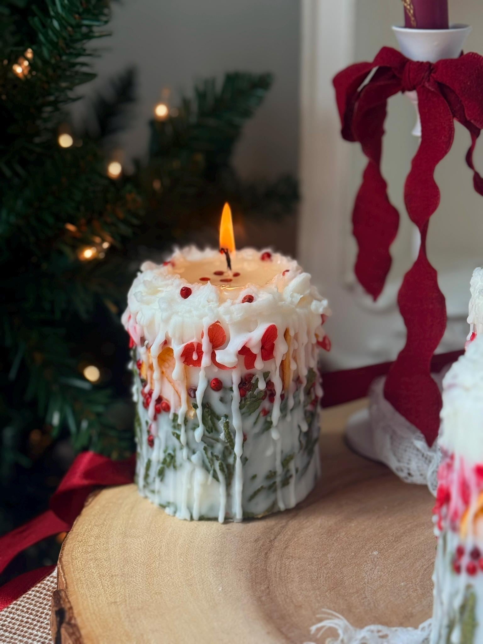 Christmas Candle: Rustic Holiday Decor with Fir Sprigs, Orange and Spices