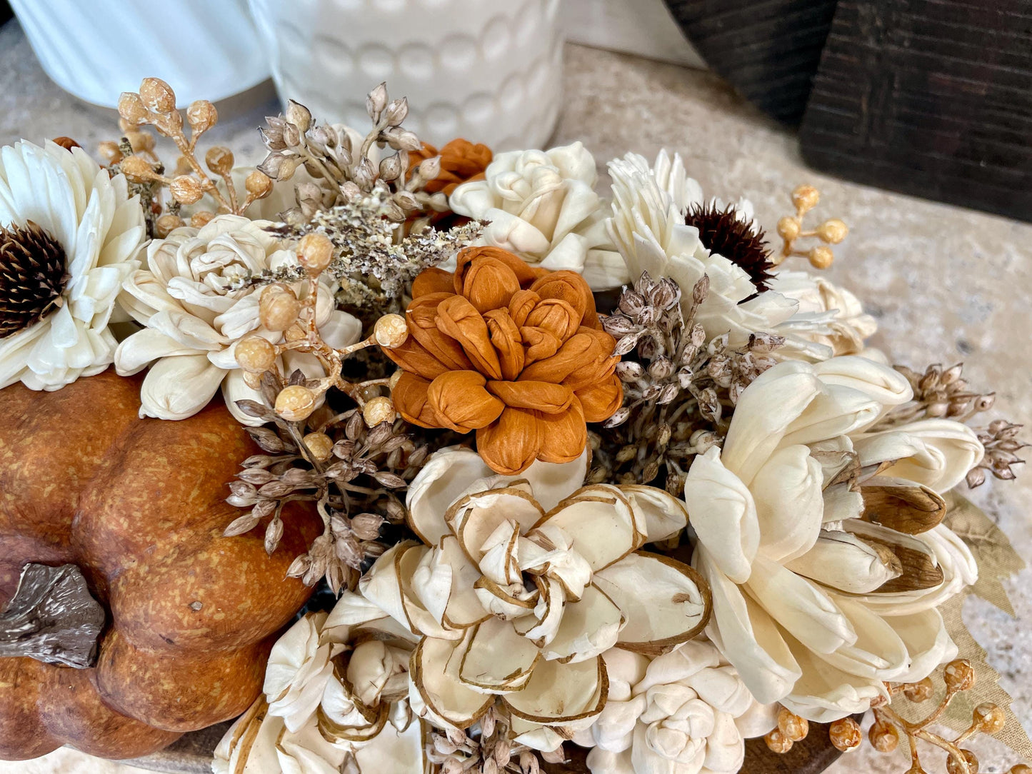 Fall Pumpkin Dough Bowl Centerpiece, Fall Table Decor, Fall Centerpiece, Thanksgiving Centerpiece, Dough Bowl Sola Wood Flower Centerpiece