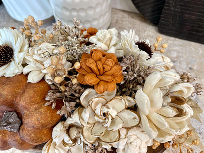 Fall Pumpkin Dough Bowl Centerpiece, Fall Table Decor, Fall Centerpiece, Thanksgiving Centerpiece, Dough Bowl Sola Wood Flower Centerpiece
