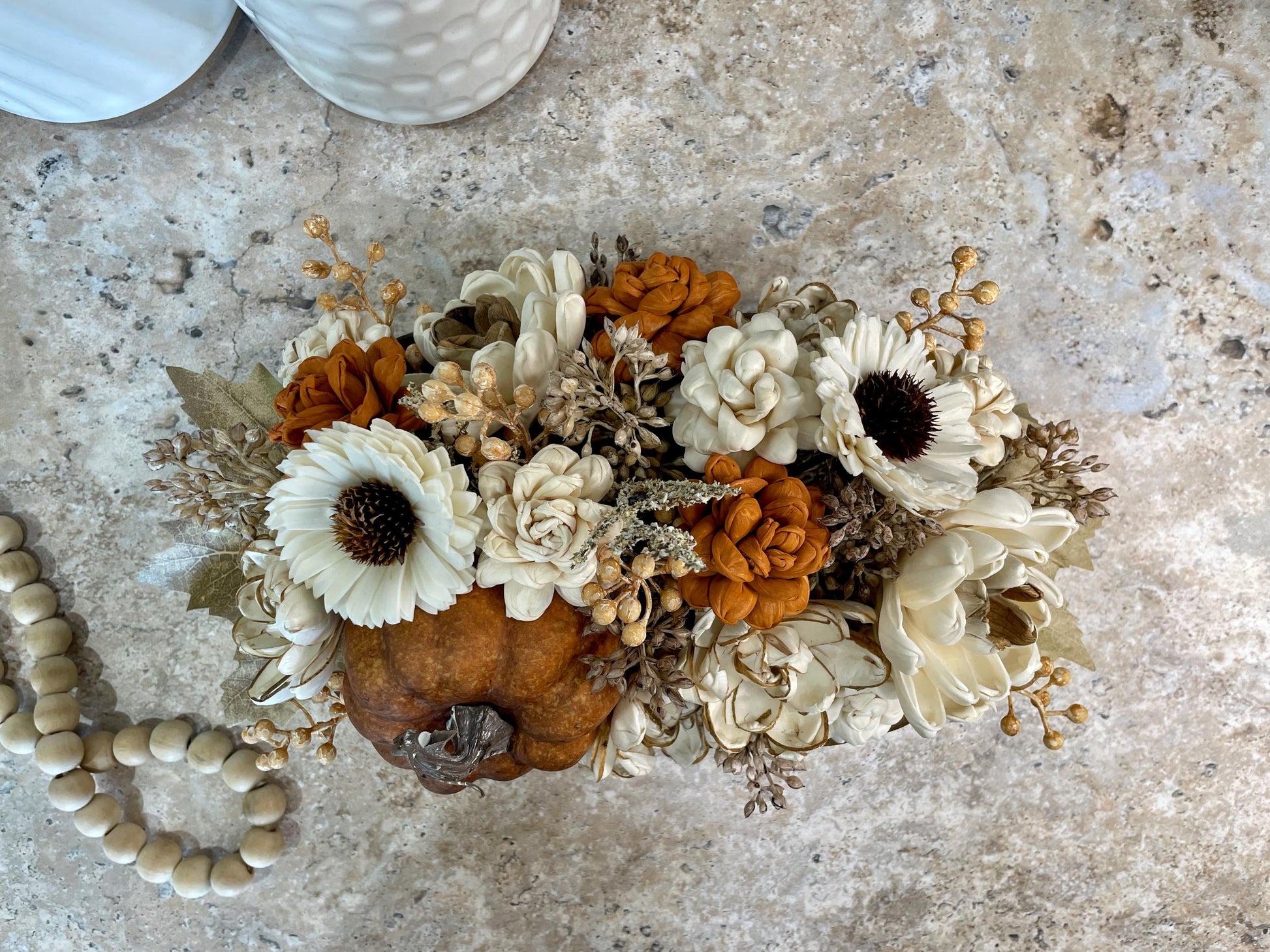 Fall Pumpkin Dough Bowl Centerpiece, Fall Table Decor, Fall Centerpiece, Thanksgiving Centerpiece, Dough Bowl Sola Wood Flower Centerpiece