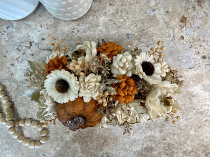 Fall Pumpkin Dough Bowl Centerpiece, Fall Table Decor, Fall Centerpiece, Thanksgiving Centerpiece, Dough Bowl Sola Wood Flower Centerpiece