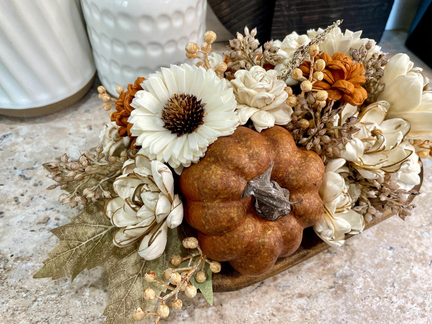 Fall Pumpkin Dough Bowl Centerpiece, Fall Table Decor, Fall Centerpiece, Thanksgiving Centerpiece, Dough Bowl Sola Wood Flower Centerpiece