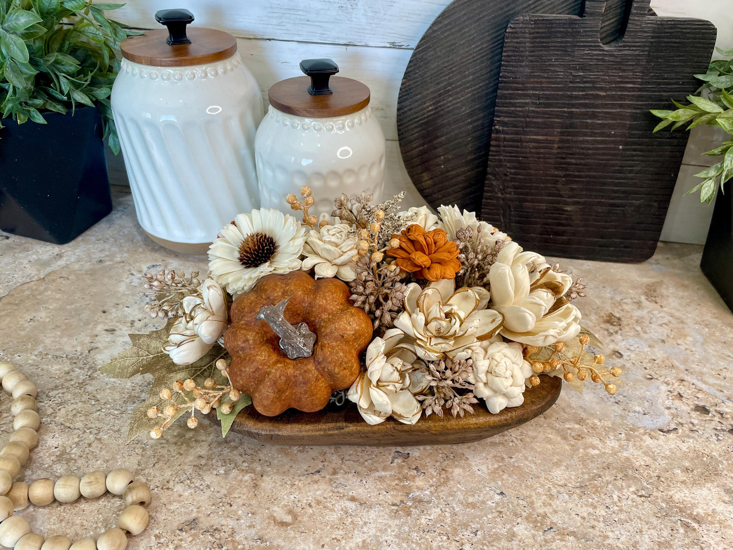 Fall Pumpkin Dough Bowl Centerpiece, Fall Table Decor, Fall Centerpiece, Thanksgiving Centerpiece, Dough Bowl Sola Wood Flower Centerpiece