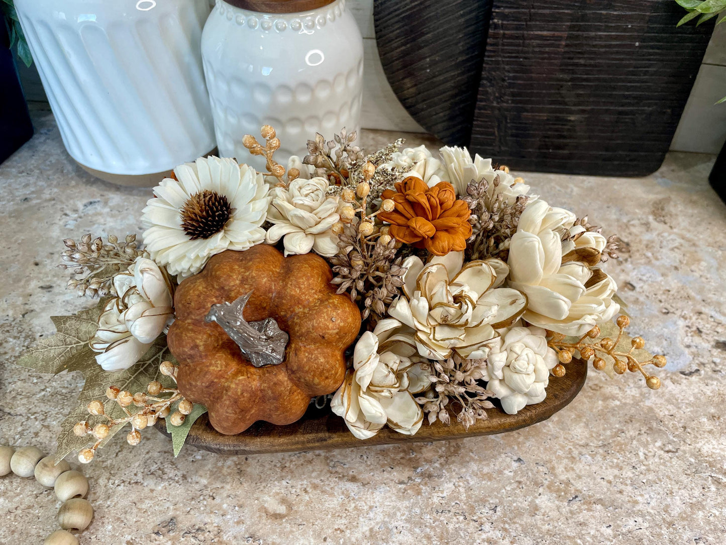 Fall Pumpkin Dough Bowl Centerpiece, Fall Table Decor, Fall Centerpiece, Thanksgiving Centerpiece, Dough Bowl Sola Wood Flower Centerpiece