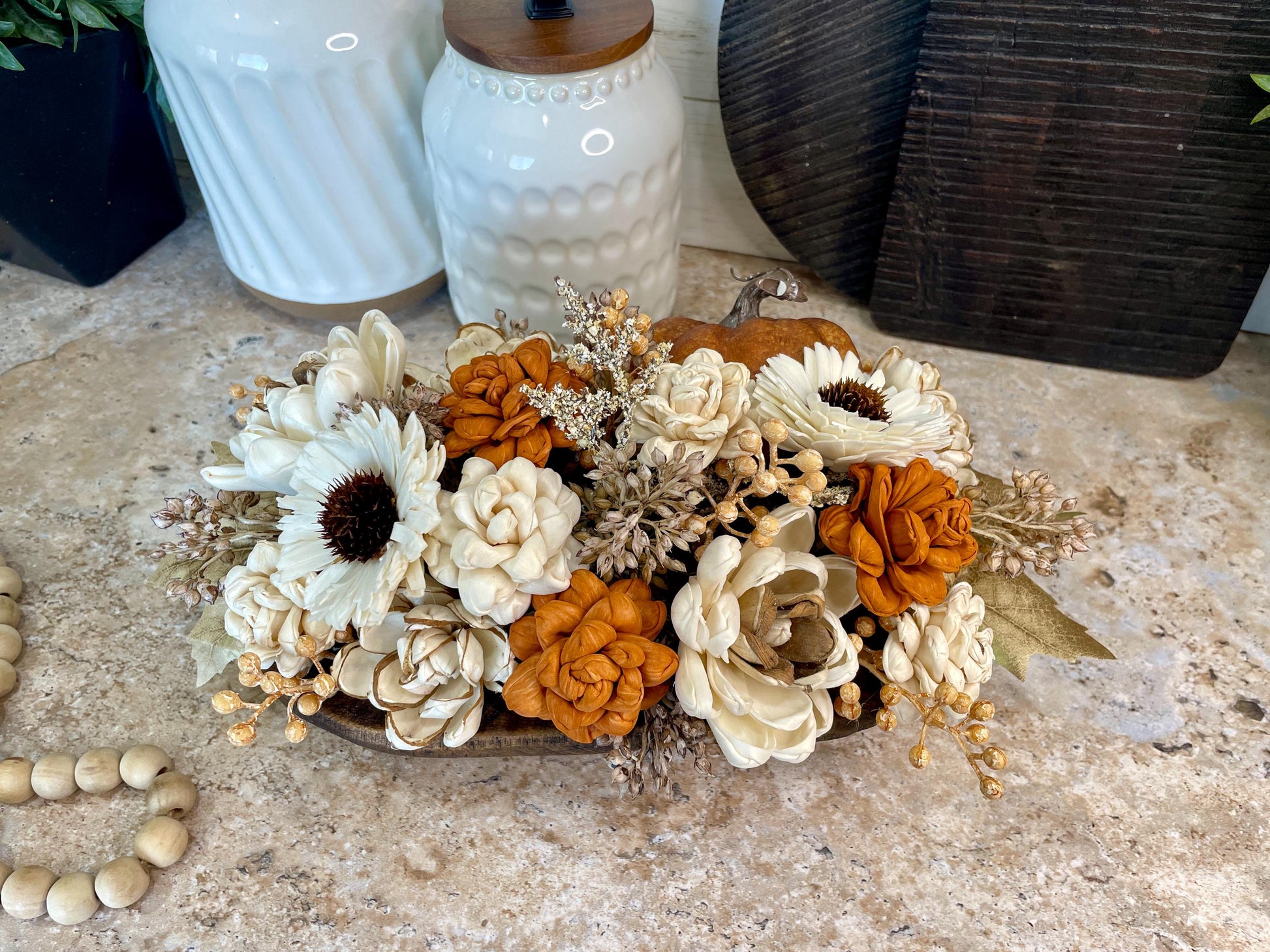 Fall Pumpkin Dough Bowl Centerpiece, Fall Table Decor, Fall Centerpiece, Thanksgiving Centerpiece, Dough Bowl Sola Wood Flower Centerpiece